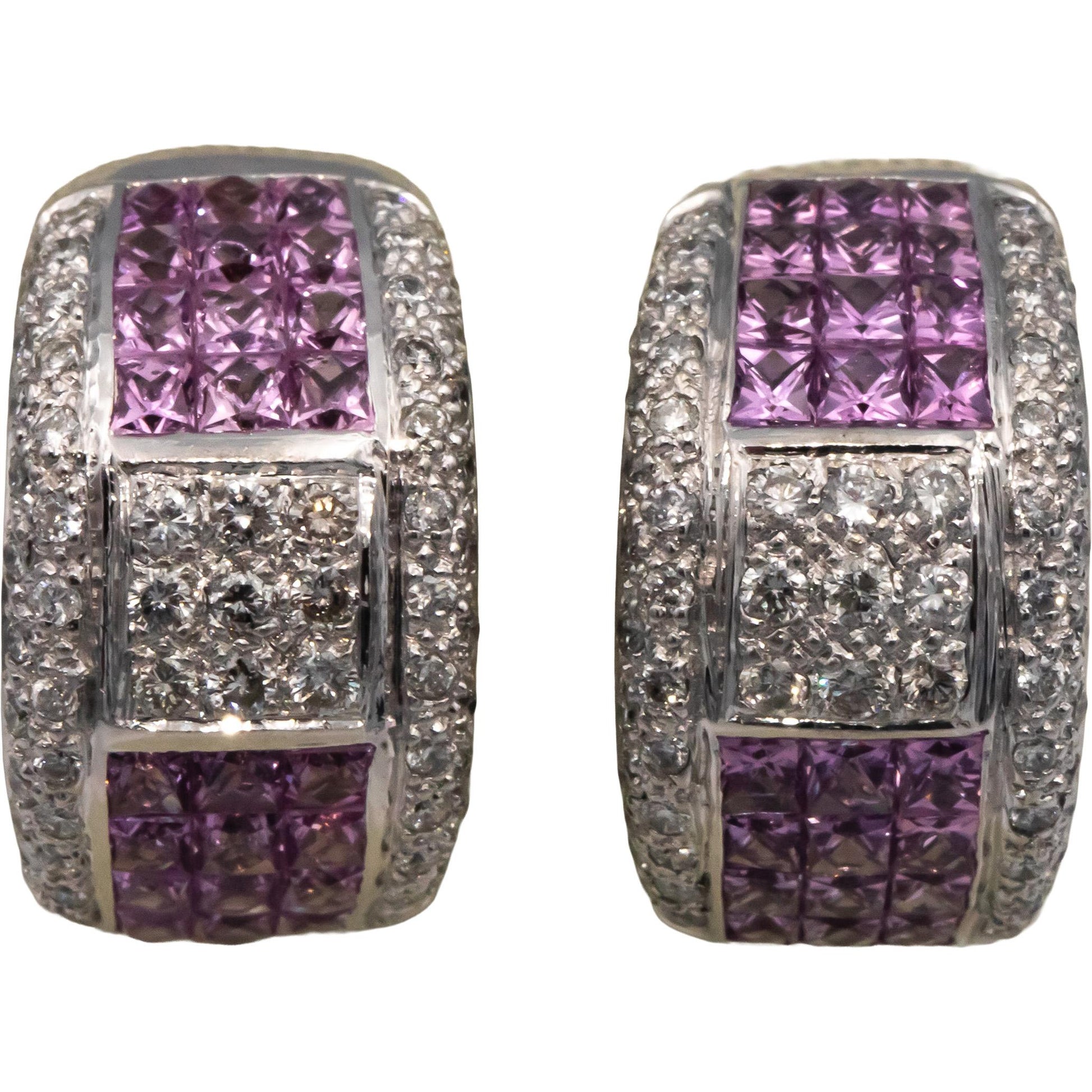 Diamond and Pink Sapphire 18k White Gold Cluster Curved Earrings 7.0CT