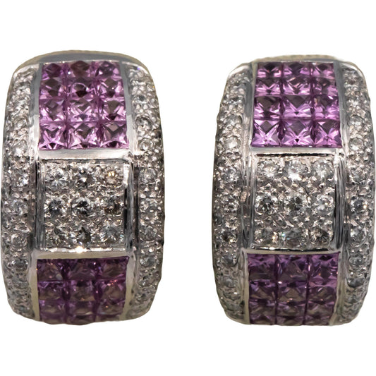 Diamond and Pink Sapphire 18k White Gold Cluster Curved Earrings 7.0CT