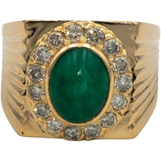 18k Yellow Gold Round Diamond and Cabochon Emerald Men's Ring 3.0CT Size 11