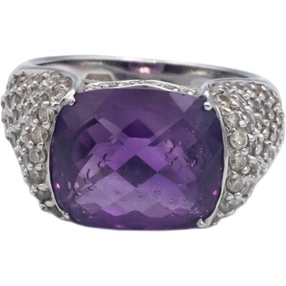 14k White Gold 6.0CT Diamond and Amethyst Cluster Pave Cocktail Ring Size 7