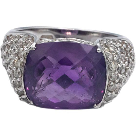 14k White Gold 6.0CT Diamond and Amethyst Cluster Pave Cocktail Ring Size 7