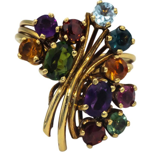 18k Yellow Gold 2.50CT Assorted Rainbow Gemstone Cluster Ring Size 7