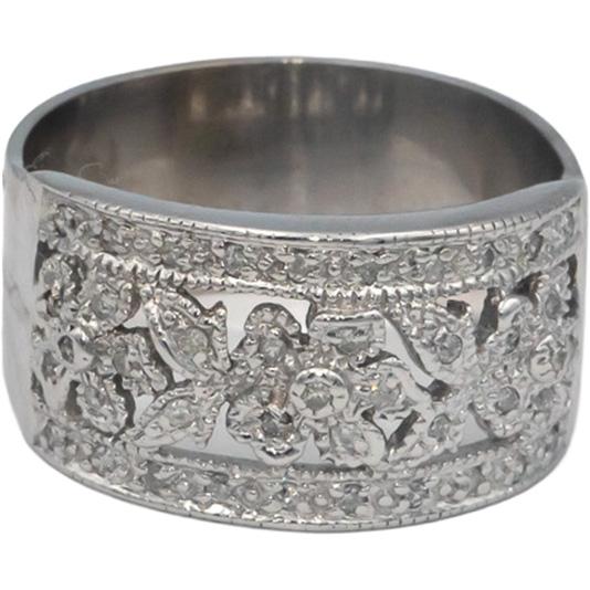 Vintage 14k White Gold Round Diamond Floral Wide Band Ring 0.25CT Size 8.75