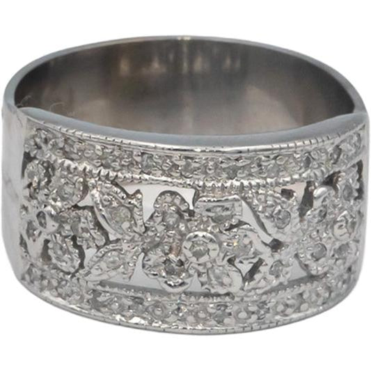 Vintage 14k White Gold 0.25CT Round Cut Diamond Floral Wide Band Ring Size 8.75