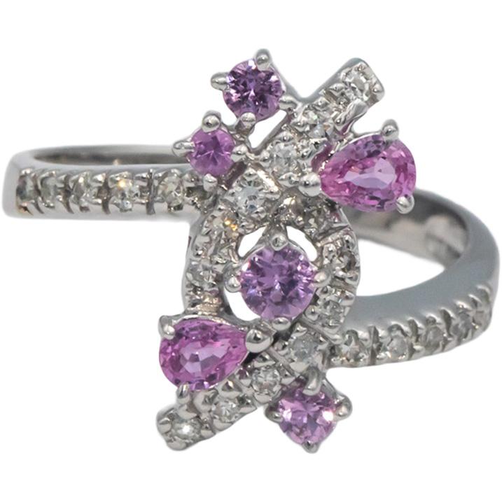 14k White Gold 0.72CT Diamond and Pink Sapphire Cocktail Ring Size 8.5