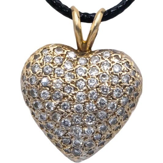 14k Yellow Gold 1.45CT Round Cut Diamond Cluster Puffy Heart Pendant Necklace