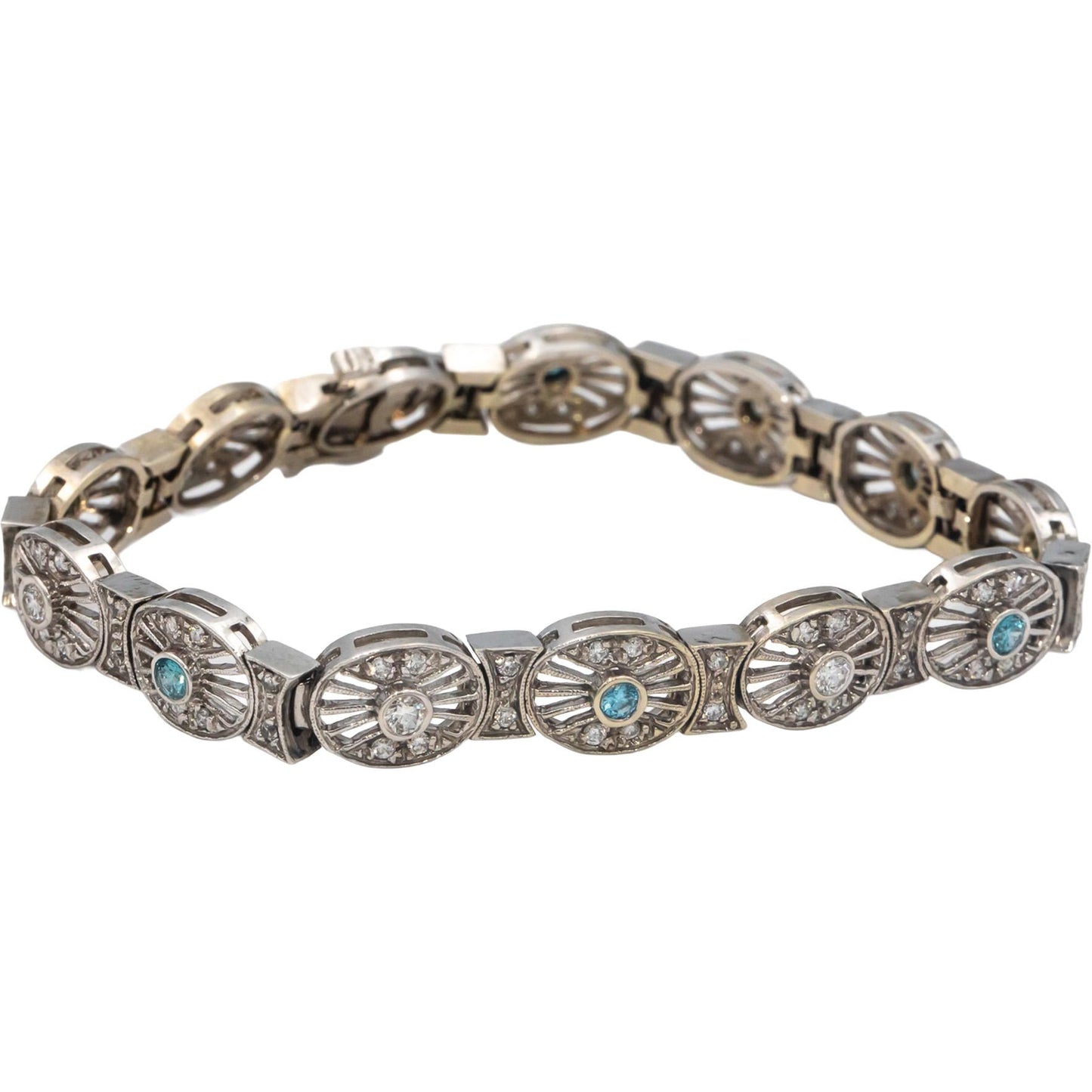 14k White Gold Round White and Blue Diamond Fancy Link Bracelet 1.50CT