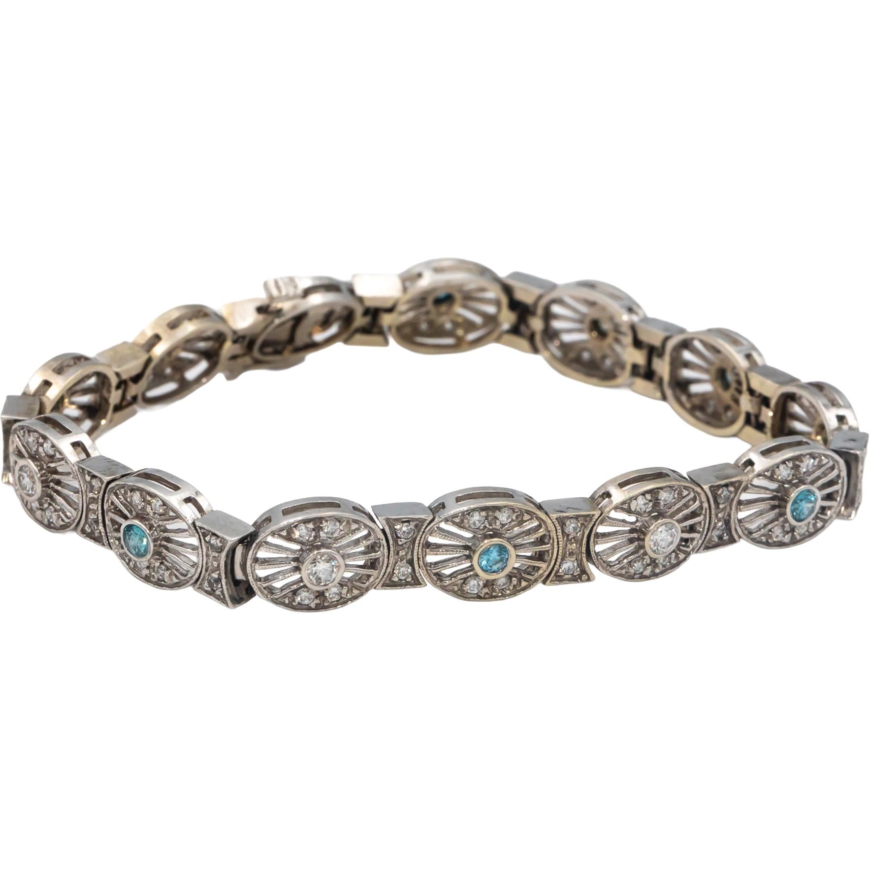 14k White Gold Round White and Blue Diamond Fancy Link Bracelet 1.50CT
