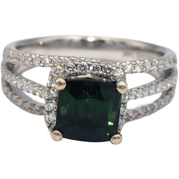 ASHI 14k White Gold 2.82CT VS Diamond and Green Tourmaline Ring Size 6.75