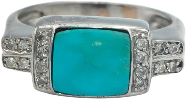 14k White Gold 0.10CT Round Cut Diamond and Cabochon Turquoise Ring Size 7.25