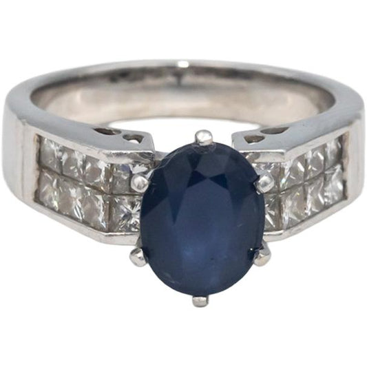 18k White Gold 3.01CT VS Princess Diamond and Oval Sapphire Ring Size 7