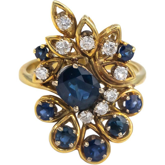 18k Yellow Gold 2.02CT Diamond and Sapphire Cluster Cocktail Ring Size 6.5