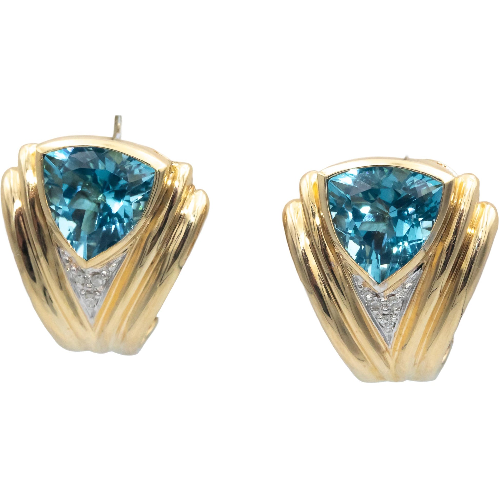 14k Yellow Gold 0.05CT Diamond and Blue Gemstone Curved Earrings