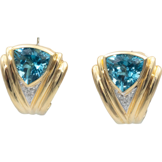 14k Yellow Gold 0.05CT Diamond and Blue Gemstone Curved Earrings