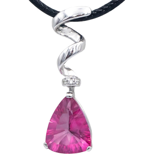 14k White Gold Synthetic Pink Sapphire Pendant Necklace w/ .02CT Diamond Accents