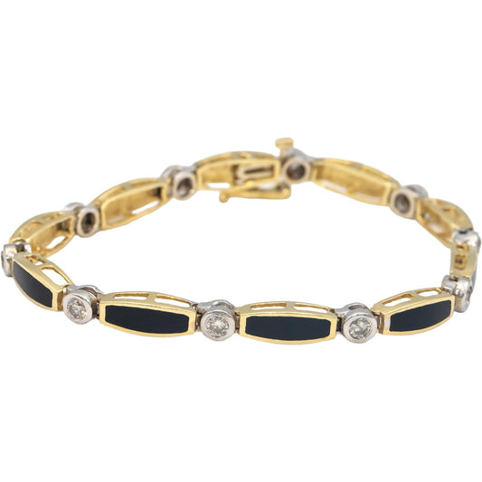 14k Yellow & White Gold 1.0CT Round Cut Diamond & Onyx Fancy Link Bracelet