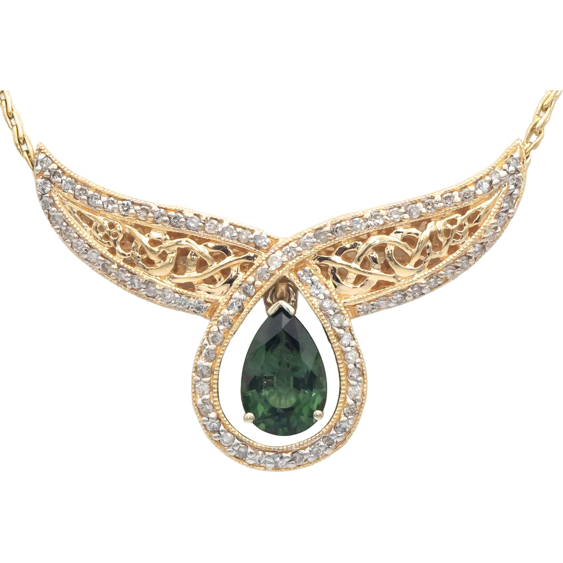 14k Yellow Gold Diamond and Tourmaline Fixed Pendant Formal Necklace 4.15CT