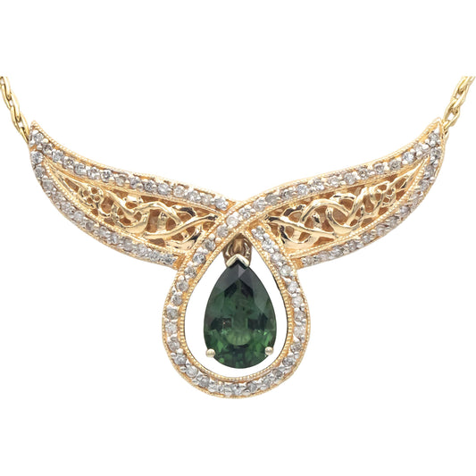 14k Yellow Gold Diamond and Tourmaline Fixed Pendant Formal Necklace 4.15CT