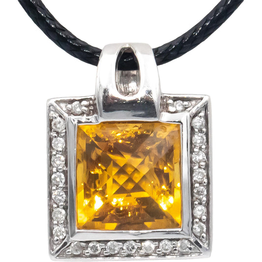 14k White Gold 5.75CT Round Cut Diamond and Cushion Cut Citrine Pendant Necklace