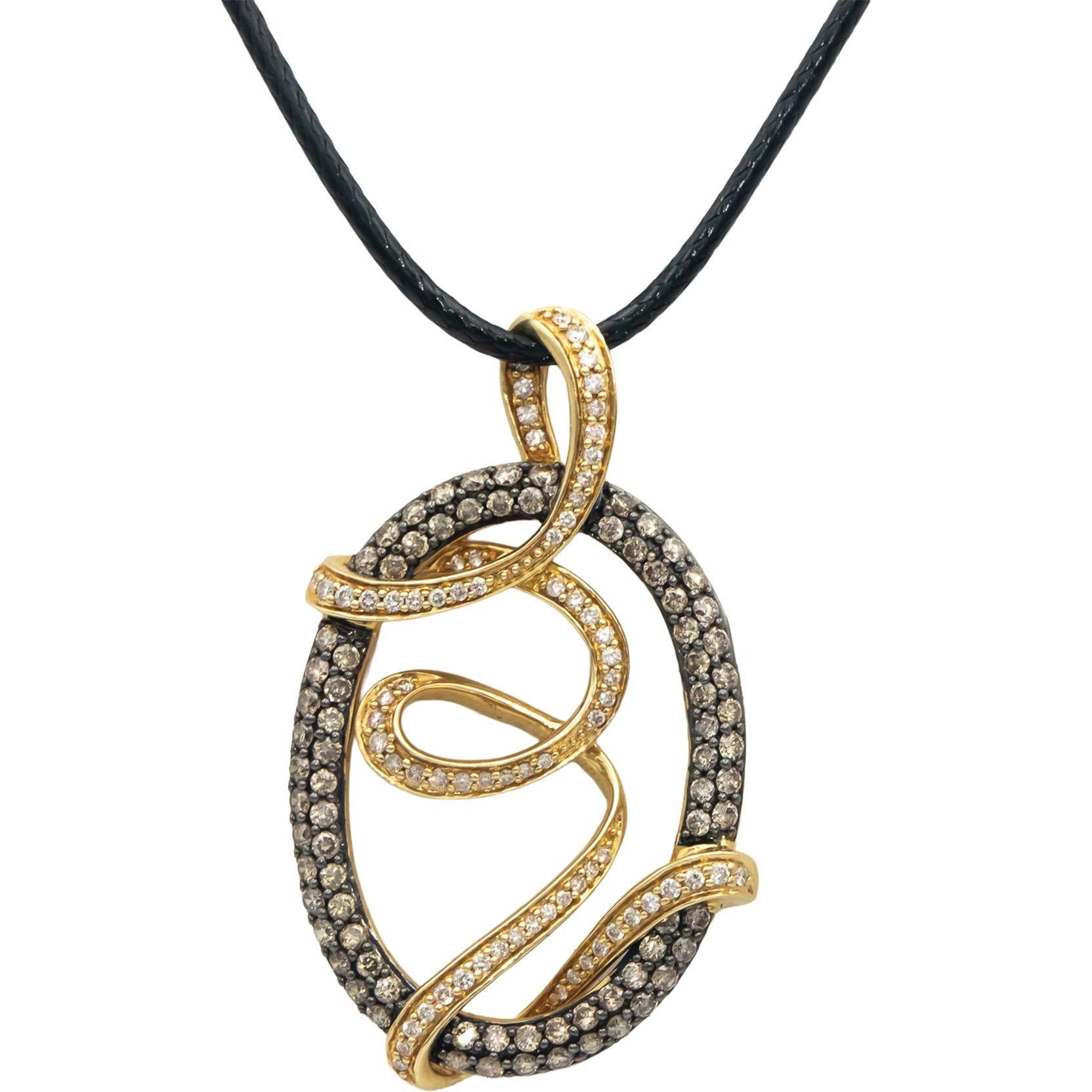 LE VIAN 14k Yellow Gold White and Champagne Diamond Loop Pendant Necklace 1.75CT
