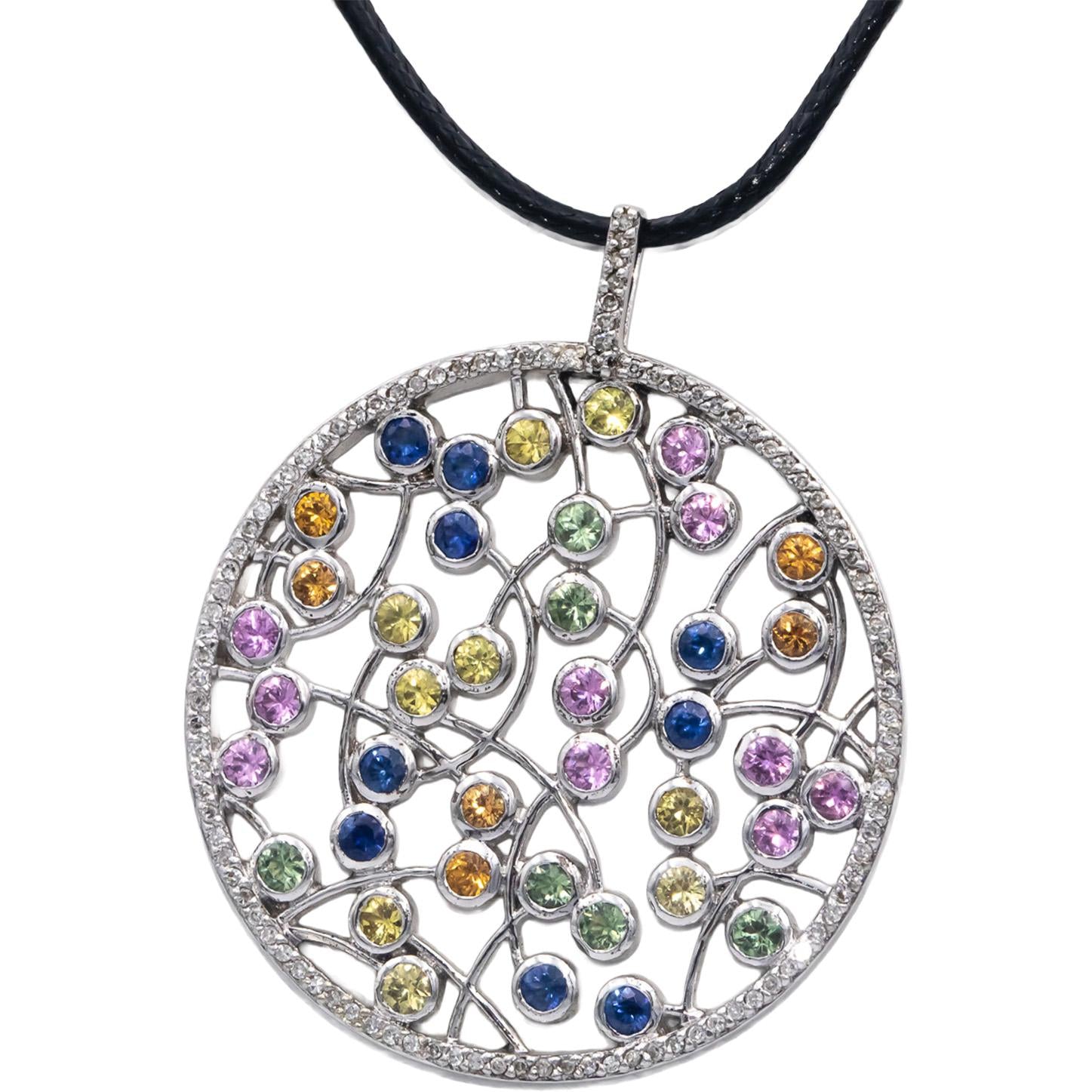 14k White Gold 3.50CT Round Cut Diamond & Rainbow Sapphire Floral Pendant