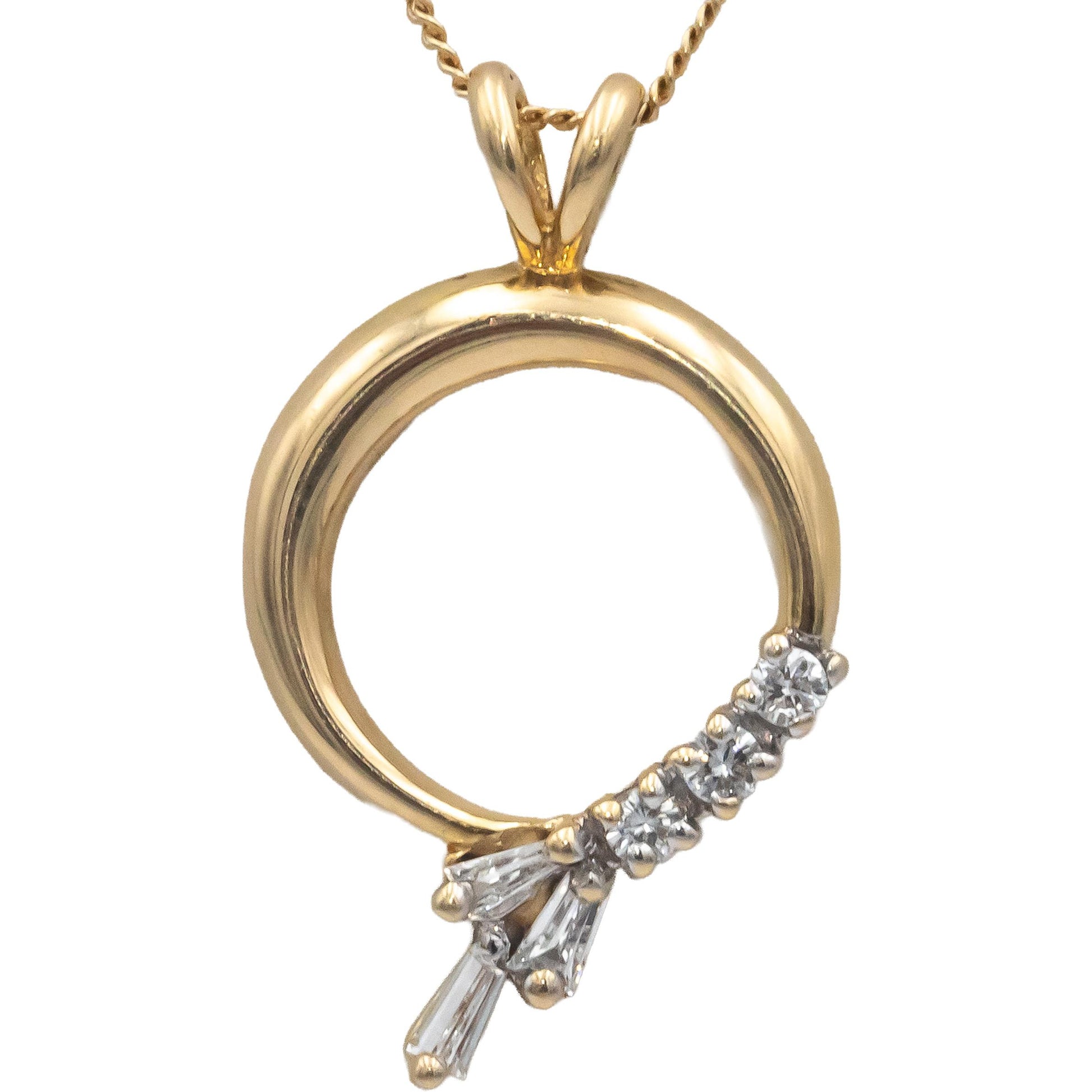 14k Yellow Gold 0.15CT VS Round and Baguette Cut Diamond Pendant Necklace Chain