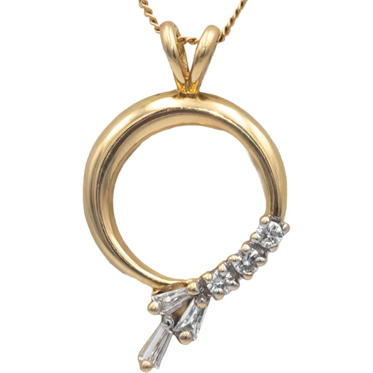 14k Yellow Gold 0.15CT VS Round and Baguette Cut Diamond Pendant Necklace Chain