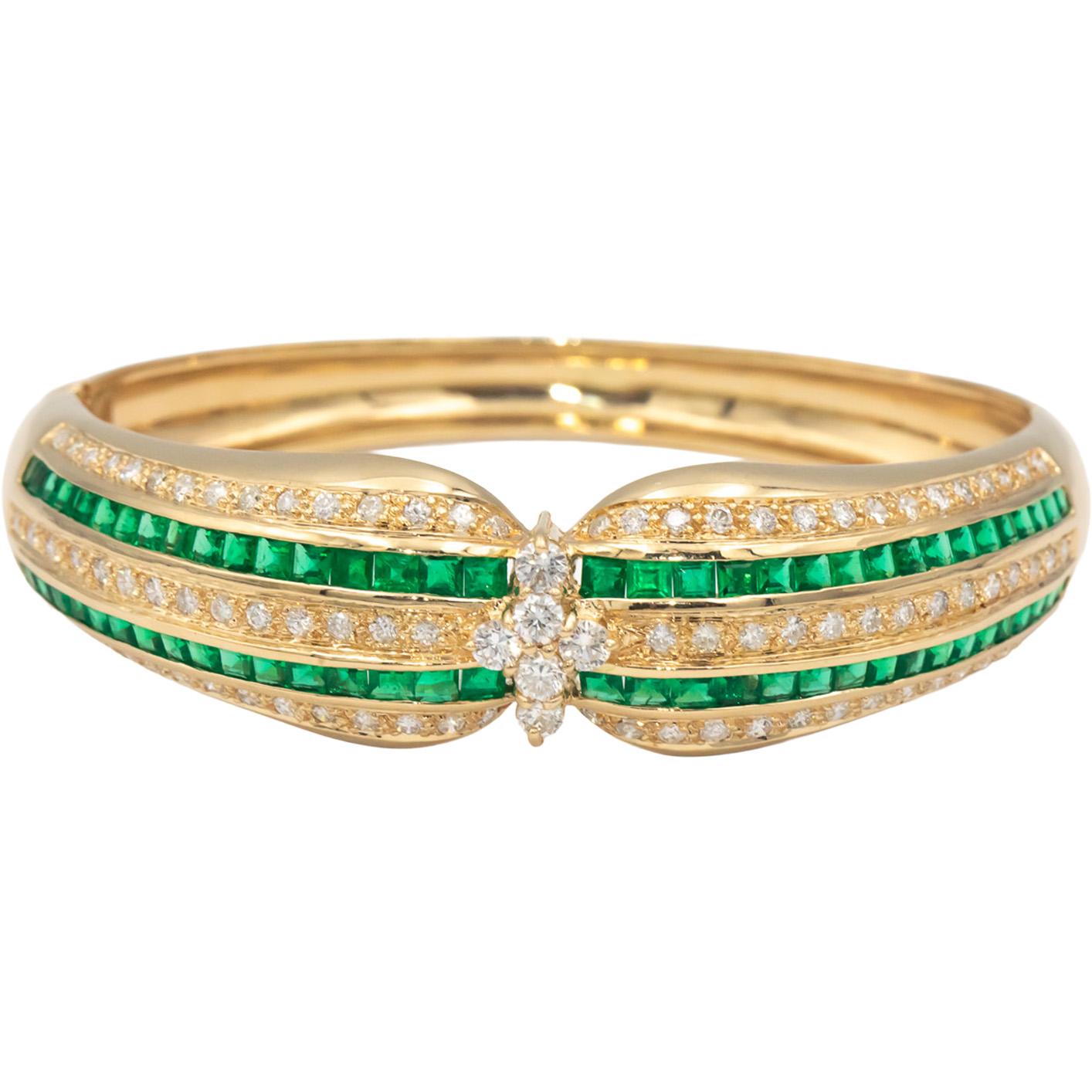 CGL Certified 14k Yellow Gold 6.0CT Diamond and Emerald Bangle Bracelet
