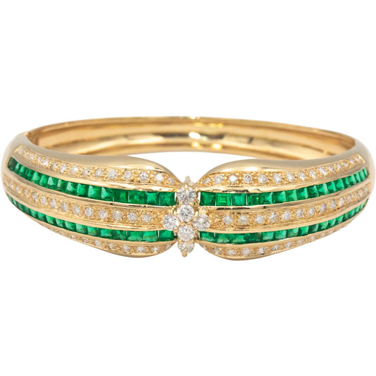 CGL Certified 14k Yellow Gold 6.0CT Diamond and Emerald Bangle Bracelet