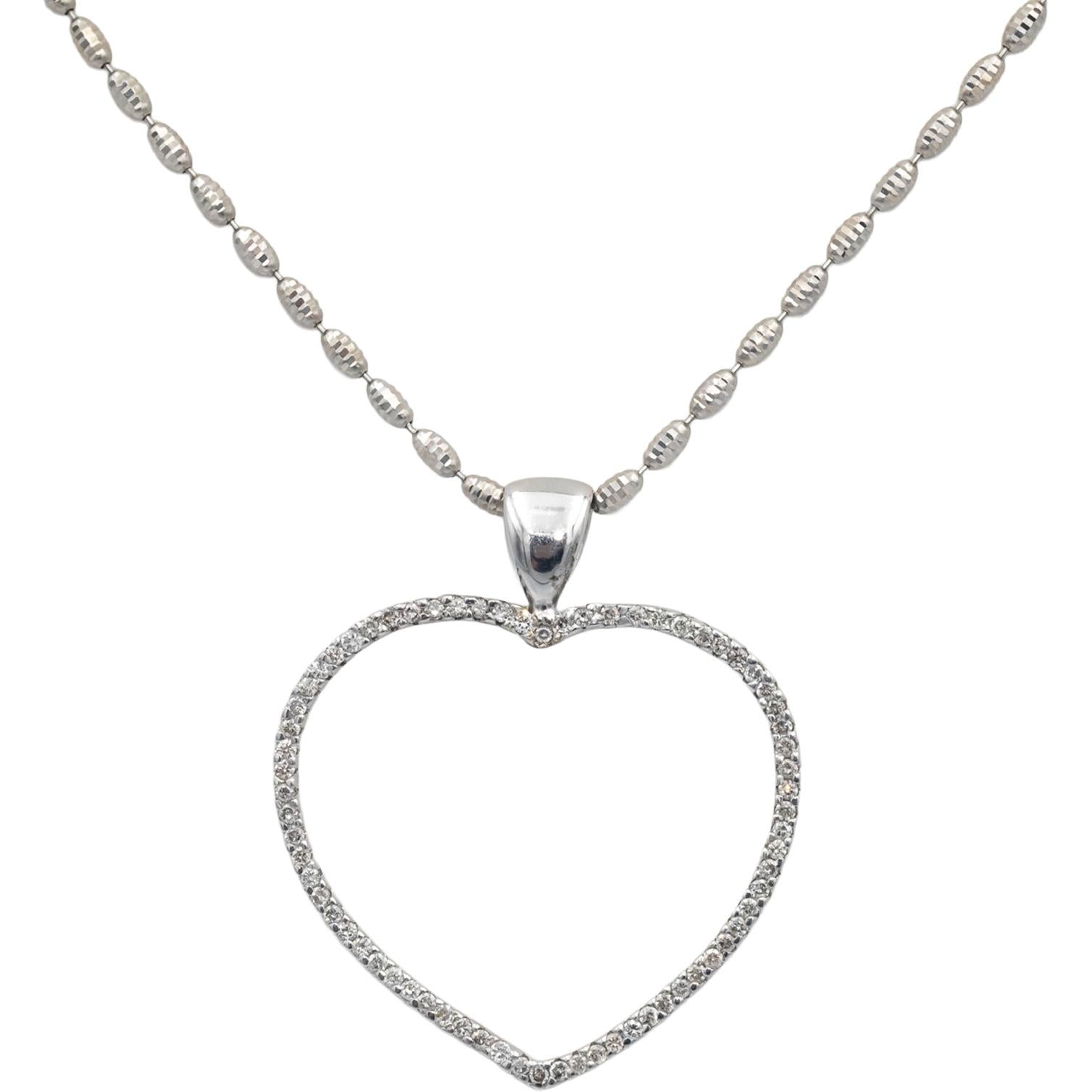 Italy 14k White Gold Round Diamond Open Heart Pendant Necklace 0.70CT