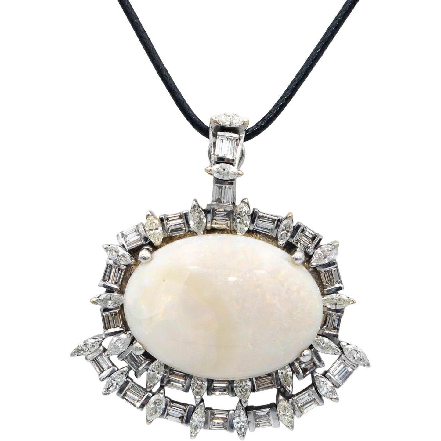 Vintage Antique Diamond and Opal 14k White Gold Pendant Necklace 29.07CT