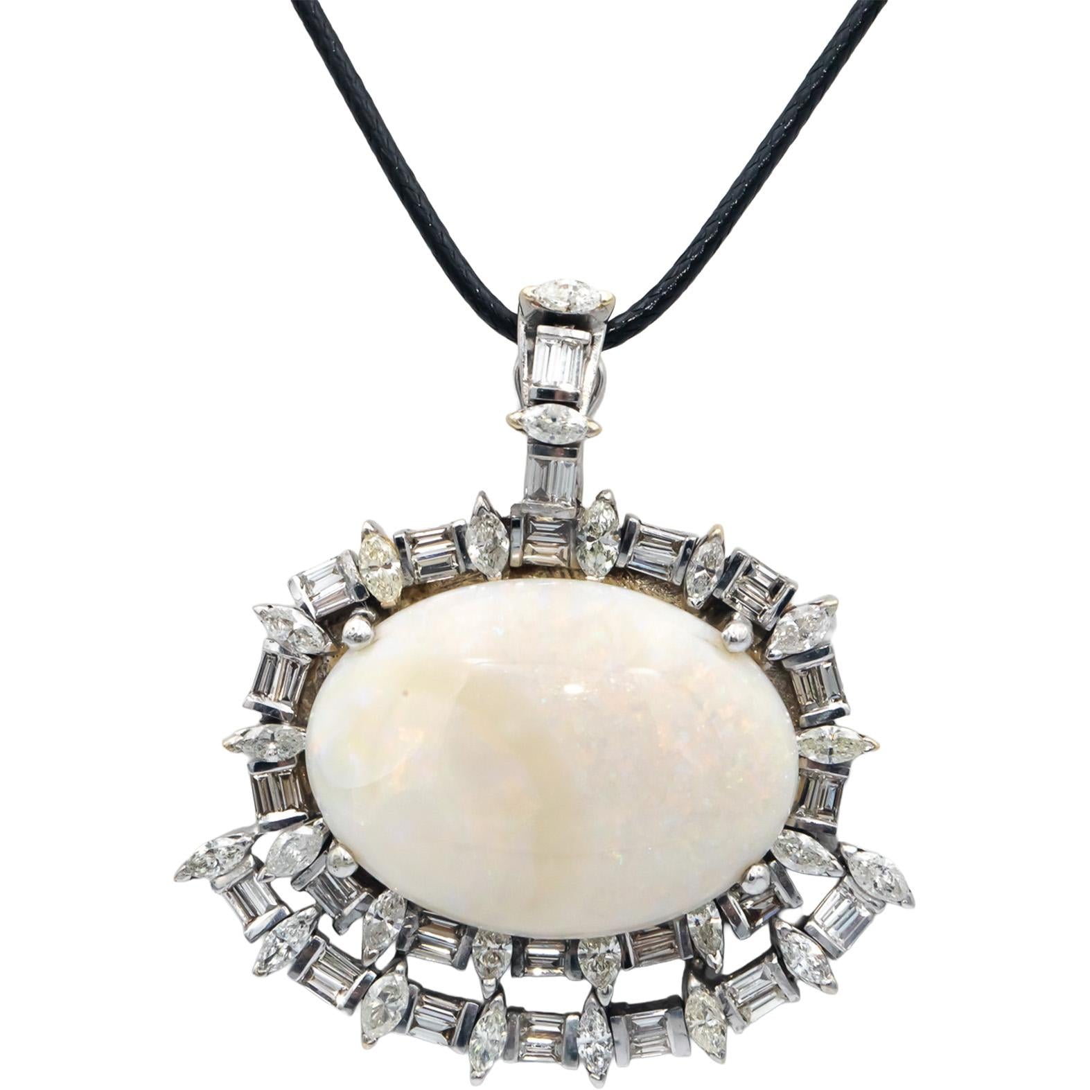 Vintage Antique Diamond and Opal 14k White Gold Pendant Necklace 29.07CT