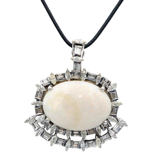 Vintage Antique Diamond and Opal 14k White Gold Pendant Necklace 29.07CT