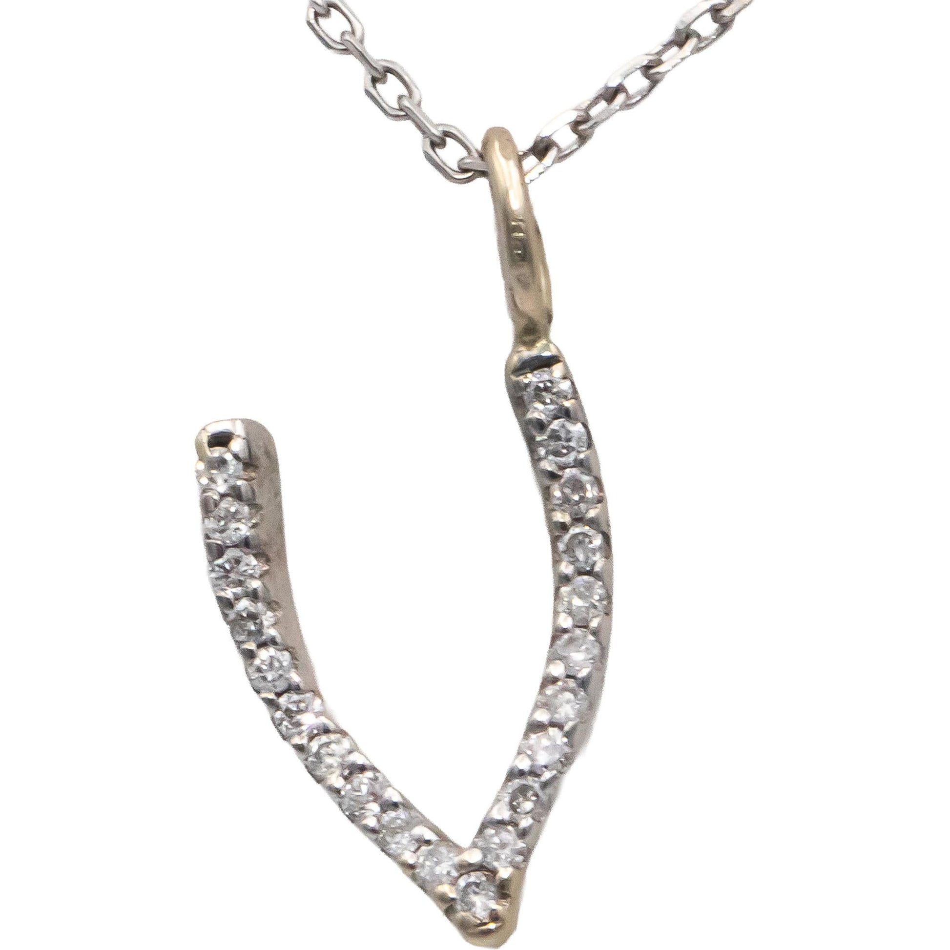 18k White Gold 0.10CT Round Cut Diamond Wishbone Pendant Necklace Chain
