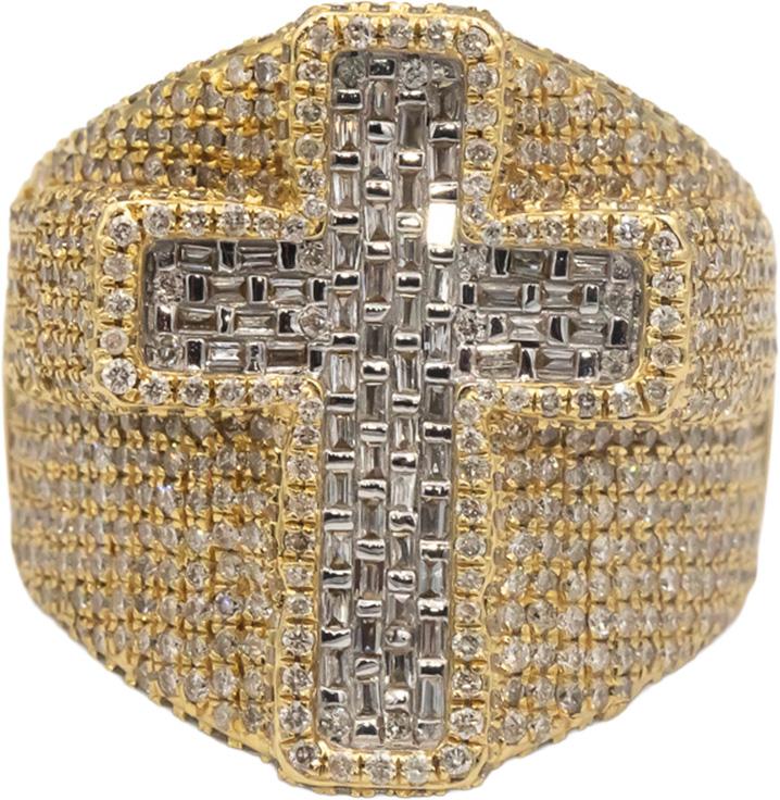 14k Gold Baguette & Round Diamond Iced Out Cross Crucifix Ring 3.0CT Size 10.5