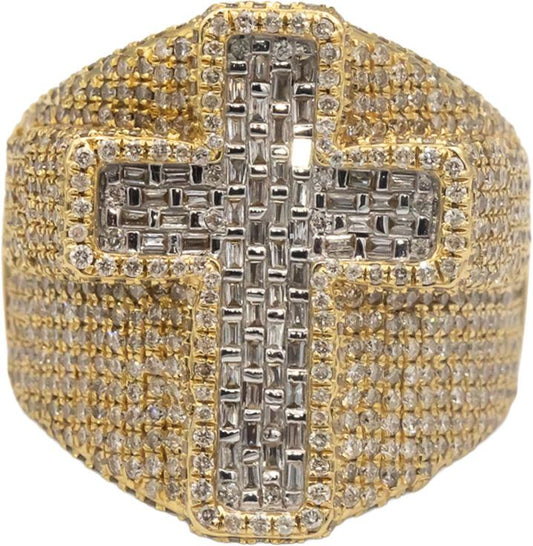 14k Gold Baguette & Round Diamond Iced Out Cross Crucifix Ring 3.0CT Size 10.5