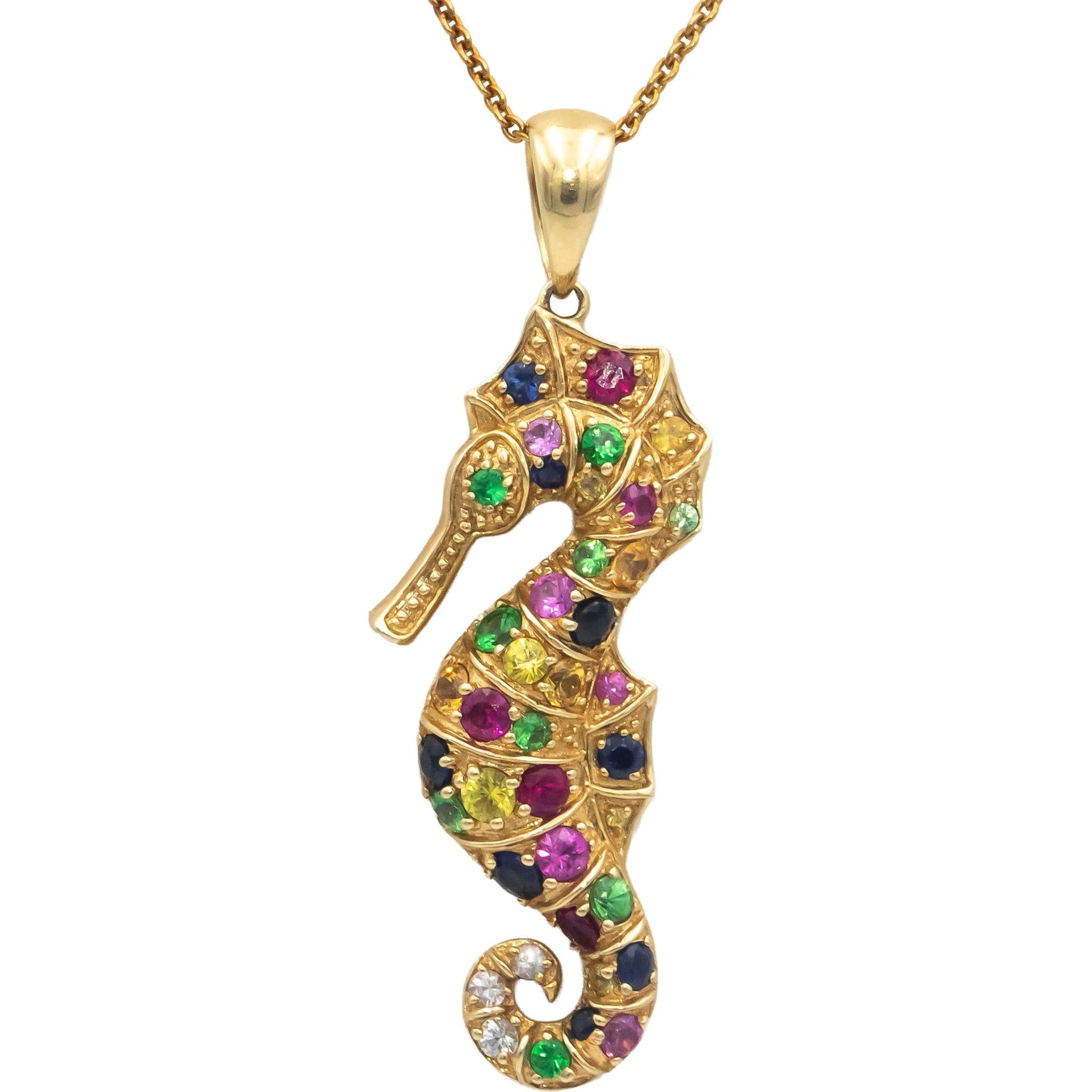 14k Yellow Gold 1.50CT Rainbow Multi-Color Sapphire Seahorse Pendant Necklace