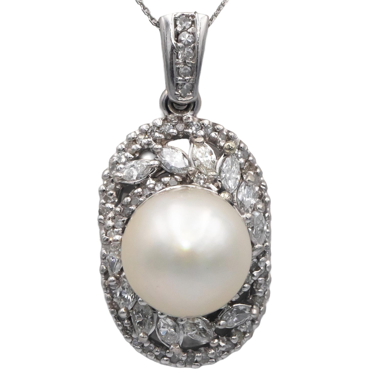 14k White Gold 1.0CT Round & Marquise Cut Diamond 11.7mm Pearl Pendant Necklace