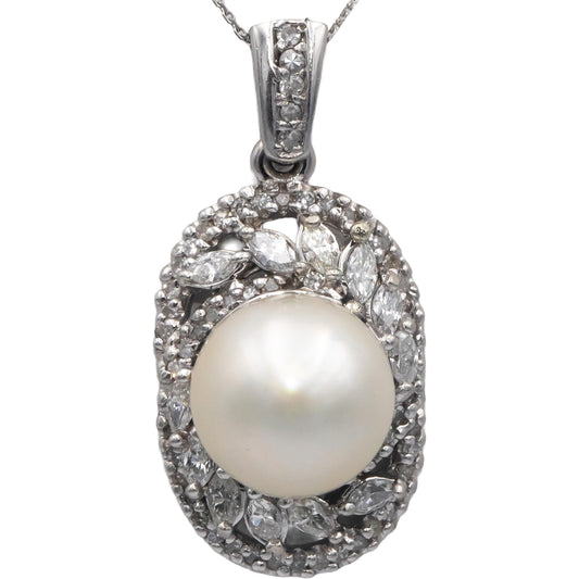 14k White Gold 1.0CT Round & Marquise Cut Diamond 11.7mm Pearl Pendant Necklace