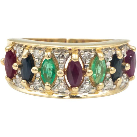 14k Yellow Gold 1.20CT Diamond Ruby Emerald Sapphire Cocktail Ring Size 7
