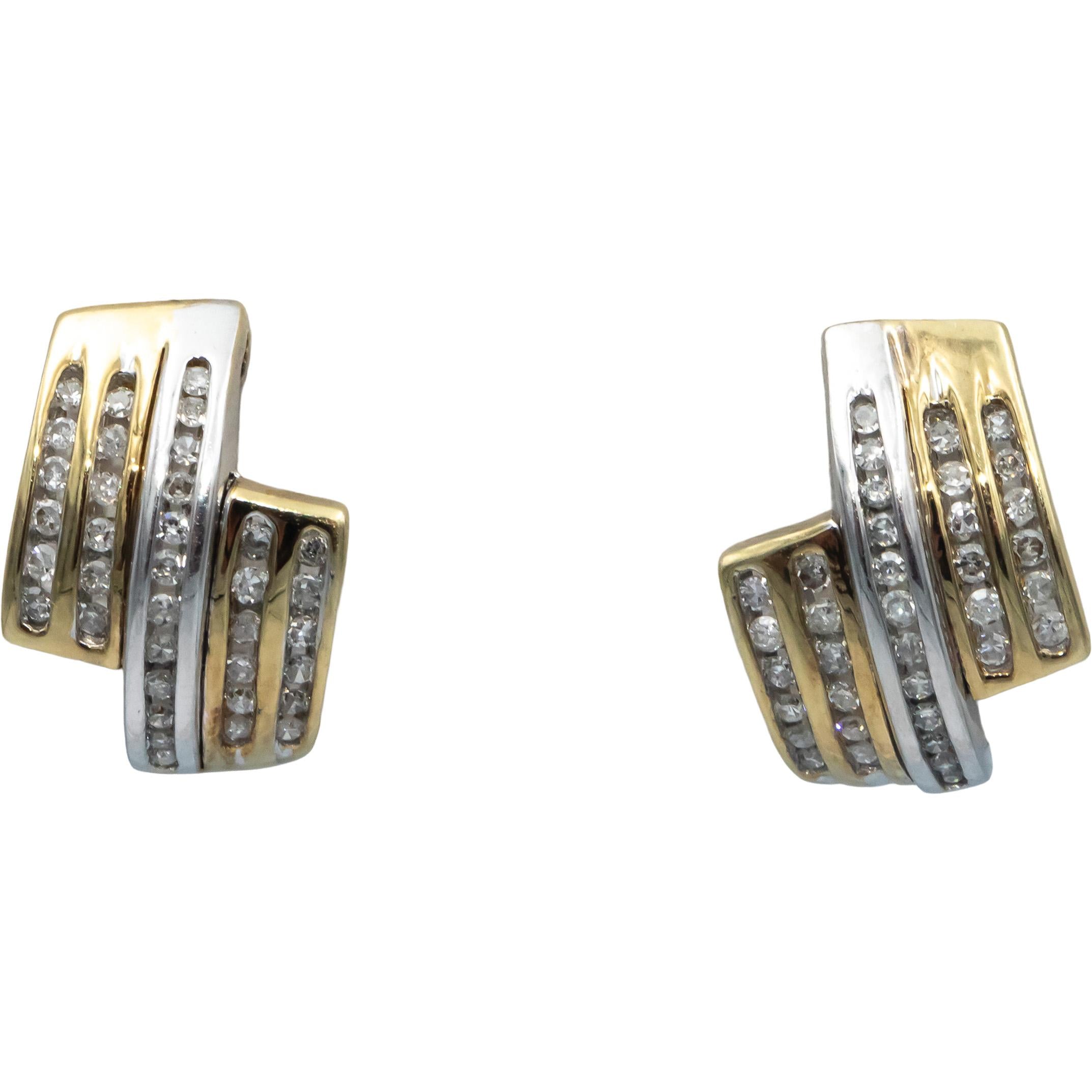 Diamond 10k Yellow & White Gold Channel Set Curved Stud Earrings 0.50CT