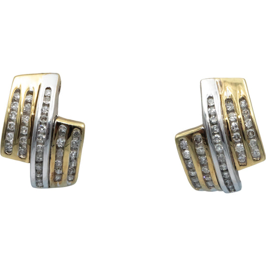 Diamond 10k Yellow & White Gold Channel Set Curved Stud Earrings 0.50CT