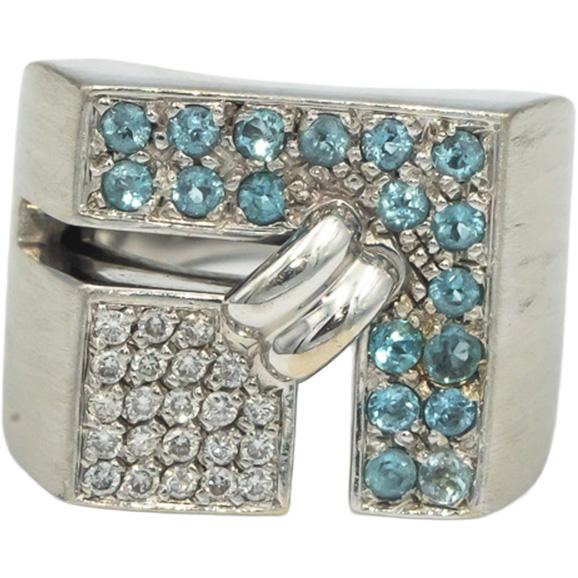 Diamond and Aquamarine 18k White Gold Abstract Cluster Ring 0.85CT Size 7