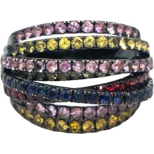 Rainbow Sapphire Round Cut 18k Black Rhodium Multi-Band Ring 3.20CT Size 6.5
