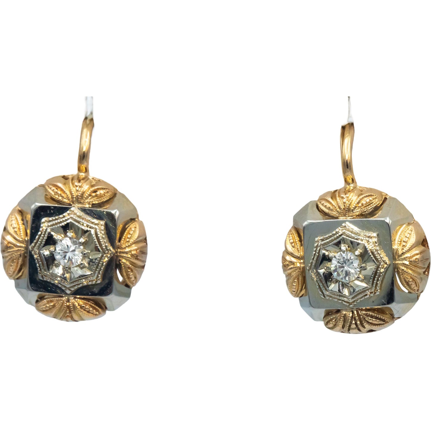 Vintage Antique 18k Yellow & White Gold Diamond Dangle Earrings 0.20CT