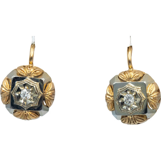 Vintage Antique 18k Yellow & White Gold Diamond Dangle Earrings 0.20CT