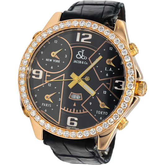 JACOB & CO. 18k Rose Gold Five Time Zone Custom Diamond Bezel Quartz Watch