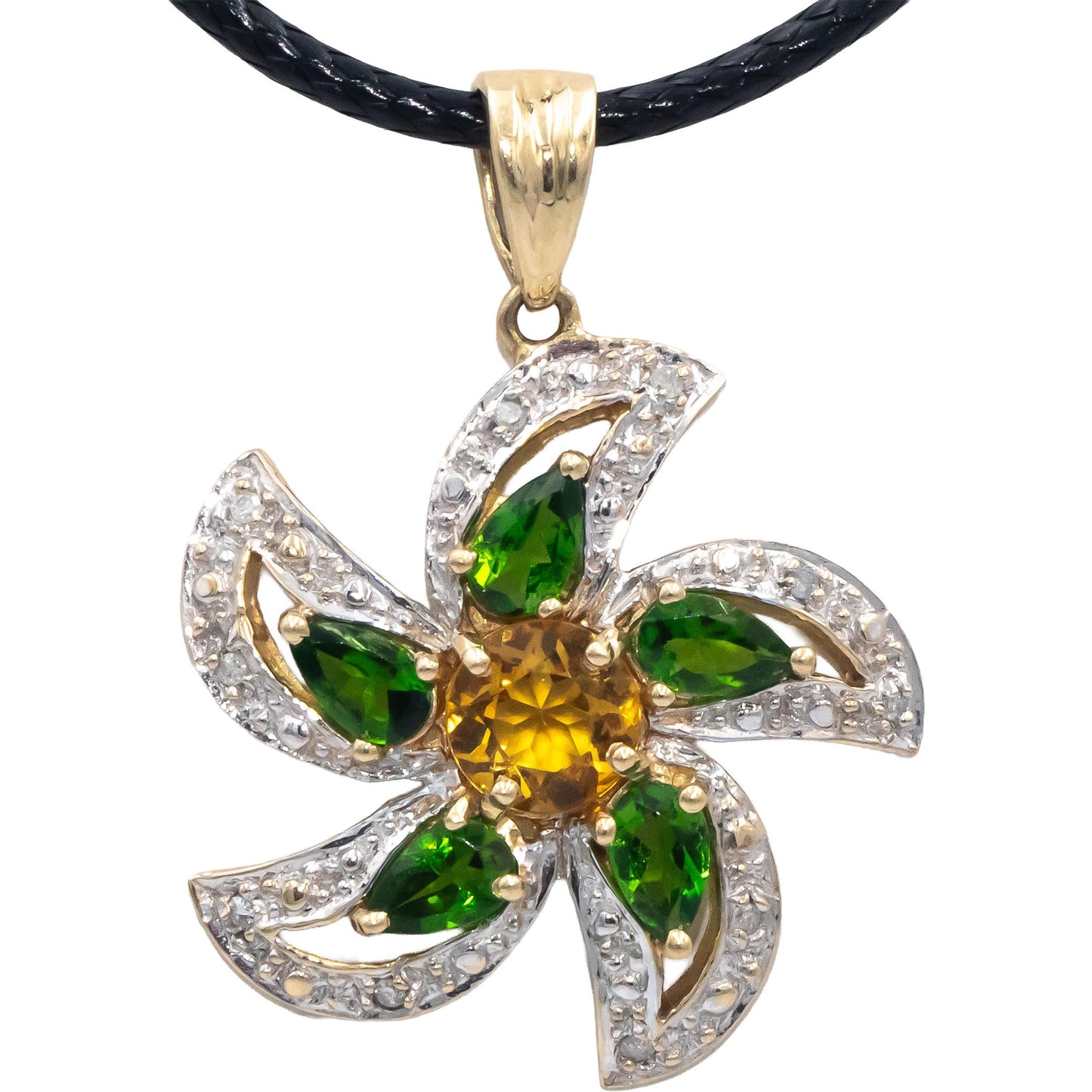 14k Yellow Gold Peridot Citrine Floral Pendant Necklace w/ Diamond Accents .08CT