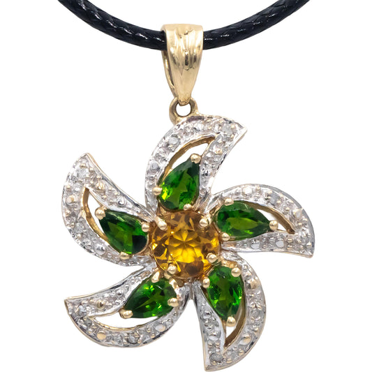 14k Yellow Gold Peridot Citrine Floral Pendant Necklace w/ Diamond Accents .08CT