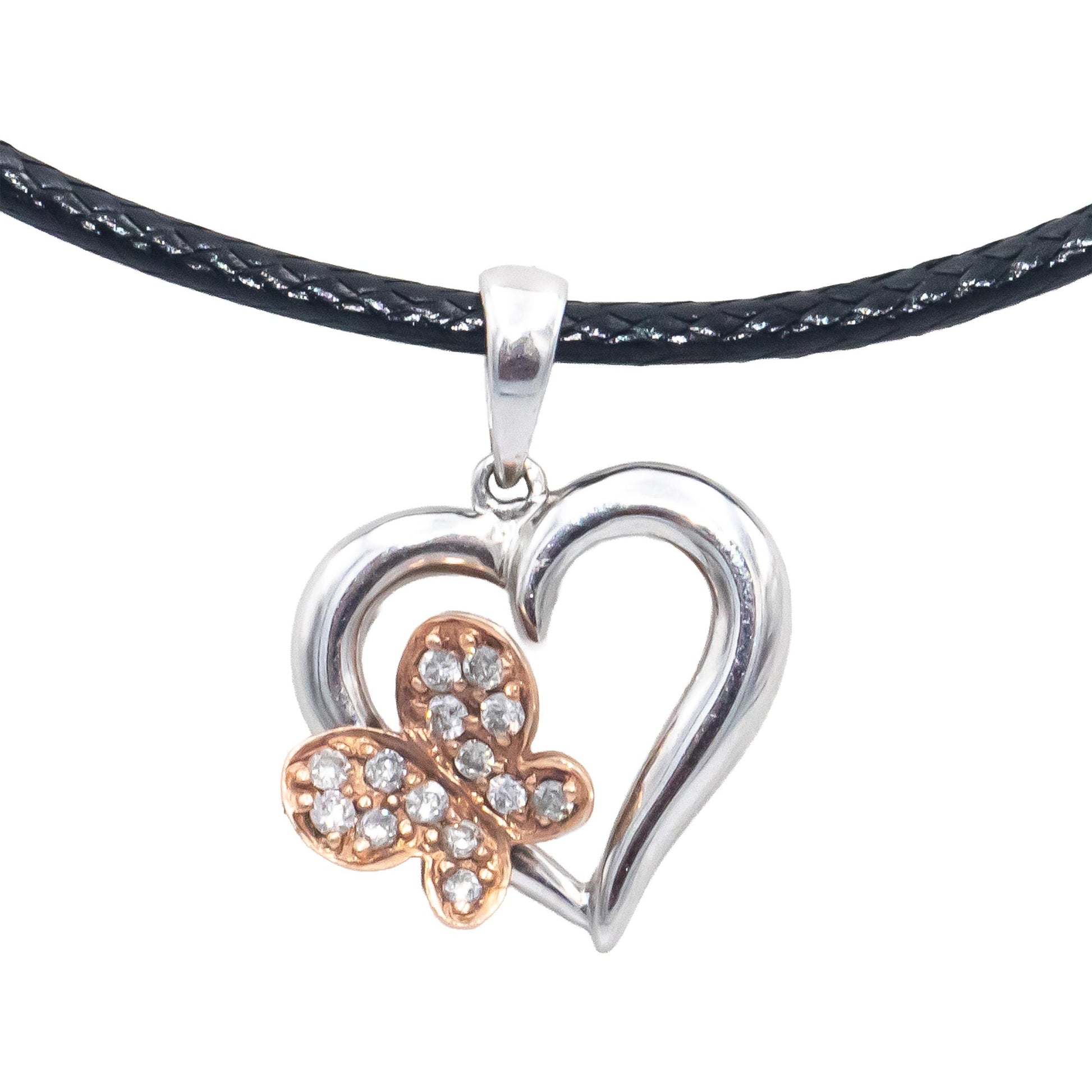 10k White & Yellow Gold Round Cut Diamond Heart Butterfly Pendant Necklace .15CT